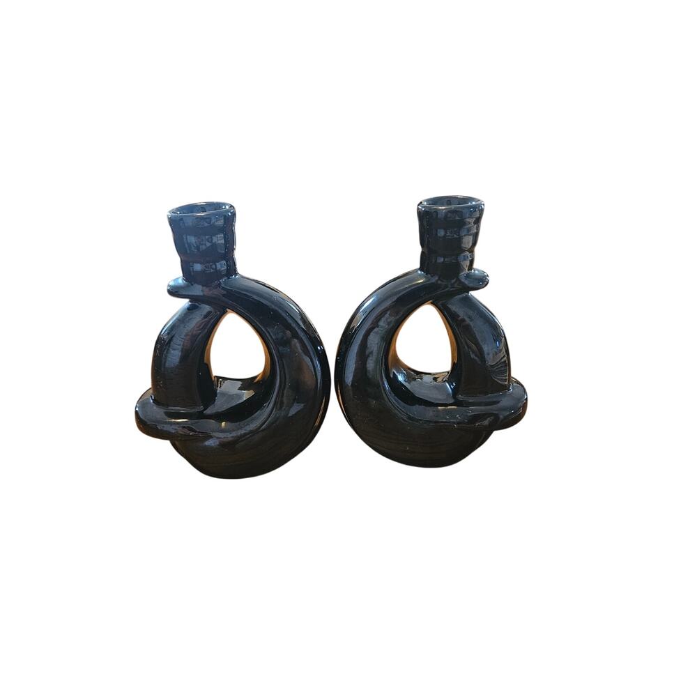 Pair Vintage Frankoma Pottery Black #305 Candle Holders 5-1/2" - Picture 3 of 4